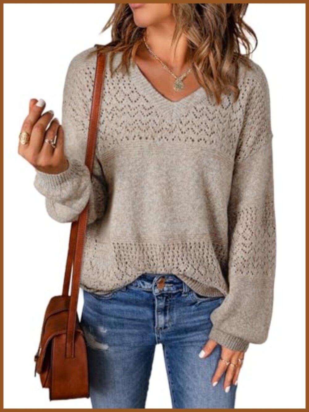 SHEWIN Women's Lightweight V Neck Crochet Pullover Sweater Long Sleeve Knit Top